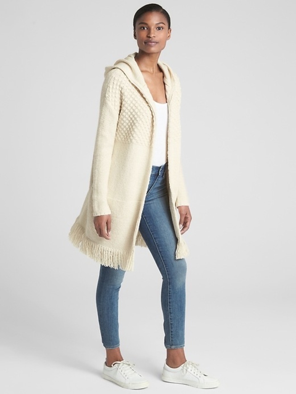 GAP Cream Hooded Fringe Knit Cardigan
